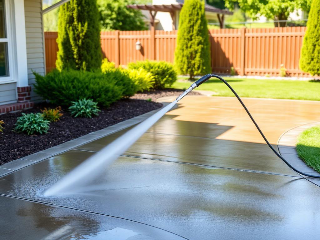 Concrete patio being pressure washed